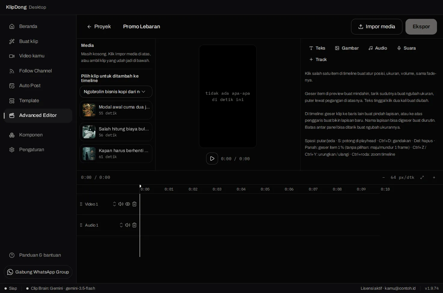 Timeline Advanced Editor dengan panel Media kiri berisi tiga klip, pratinjau tengah, panel keterangan cara pakai kanan, dan dua lapisan Video 1 dan Audio 1