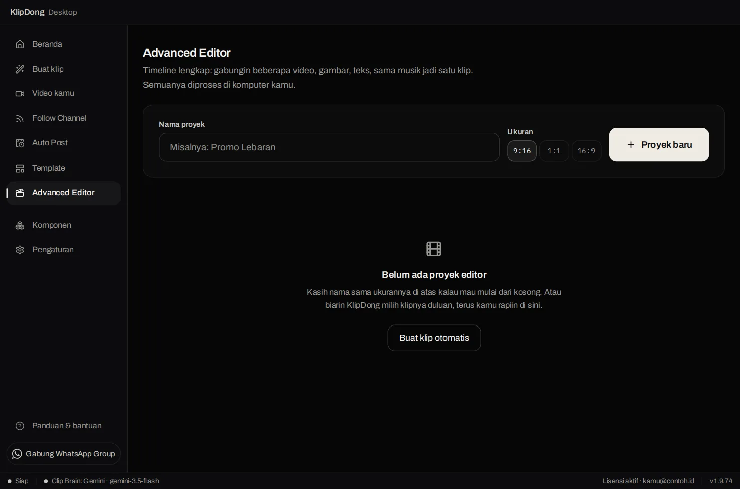 Layar Advanced Editor kosong dengan kolom Nama proyek, pilihan Ukuran 9:16/1:1/16:9, tombol Proyek baru, dan tombol Buat klip otomatis