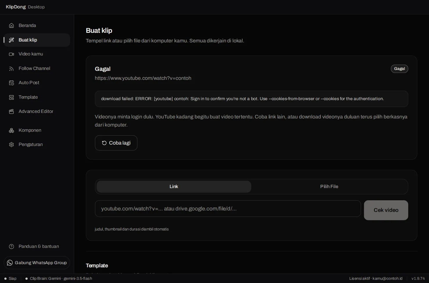 Kartu Gagal di layar Buat klip: pesan download failed Sign in to confirm you're not a bot, dan saran pakai link lain atau pilih berkas dari komputer