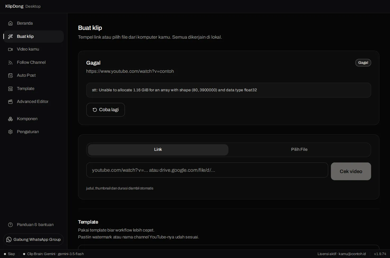 Kartu Gagal di layar Buat klip dengan pesan stt: Unable to allocate 1.16 GiB for an array