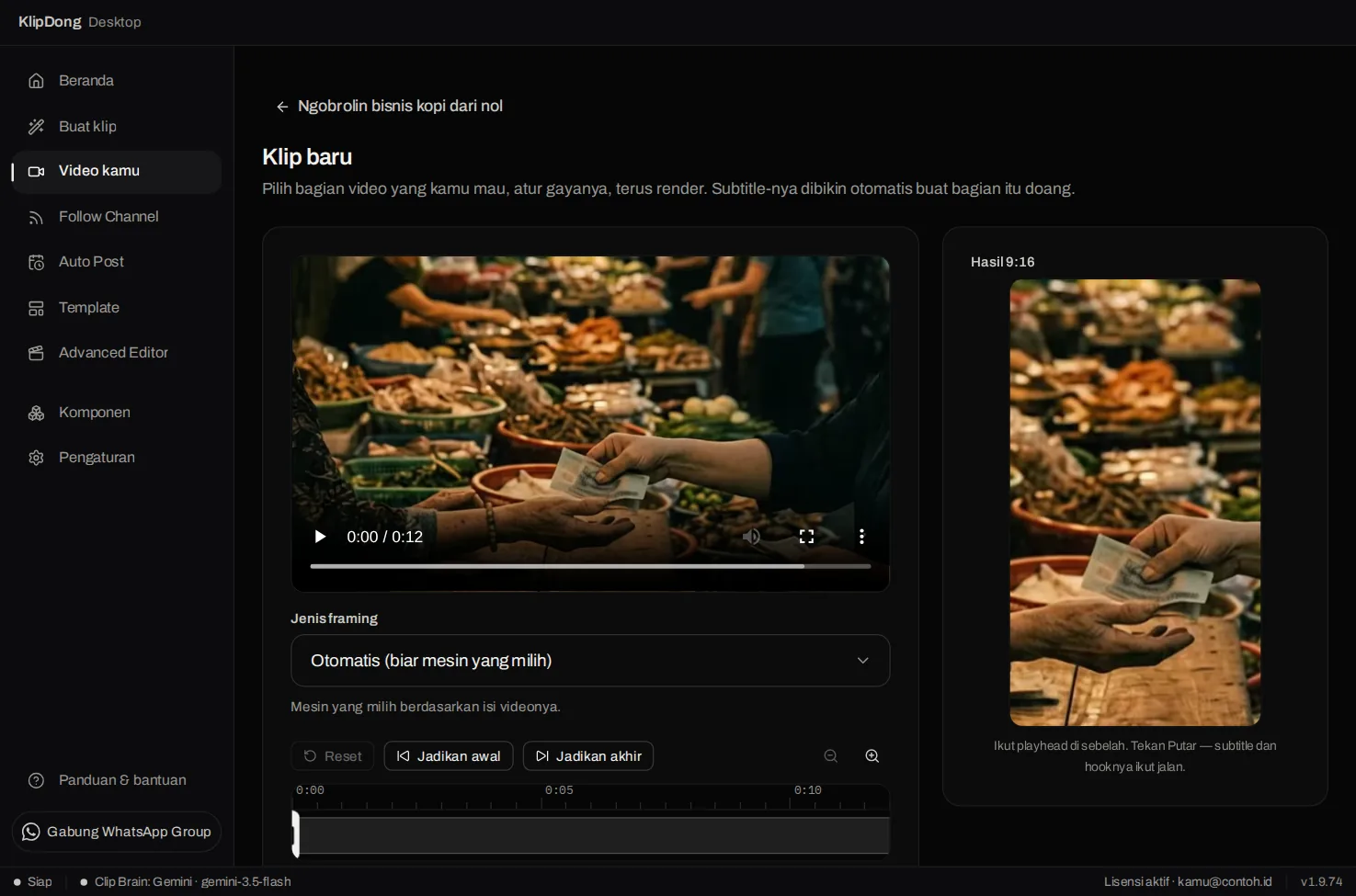 Layar Klip baru: video sumber, Jenis framing, dan pratinjau Hasil 9:16
