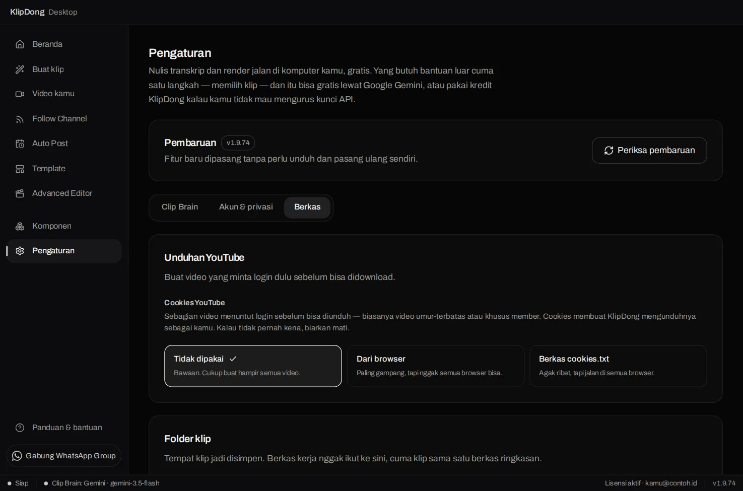 Pengaturan tab Berkas: Unduhan YouTube dan Folder klip dengan tombol Pindahkan
