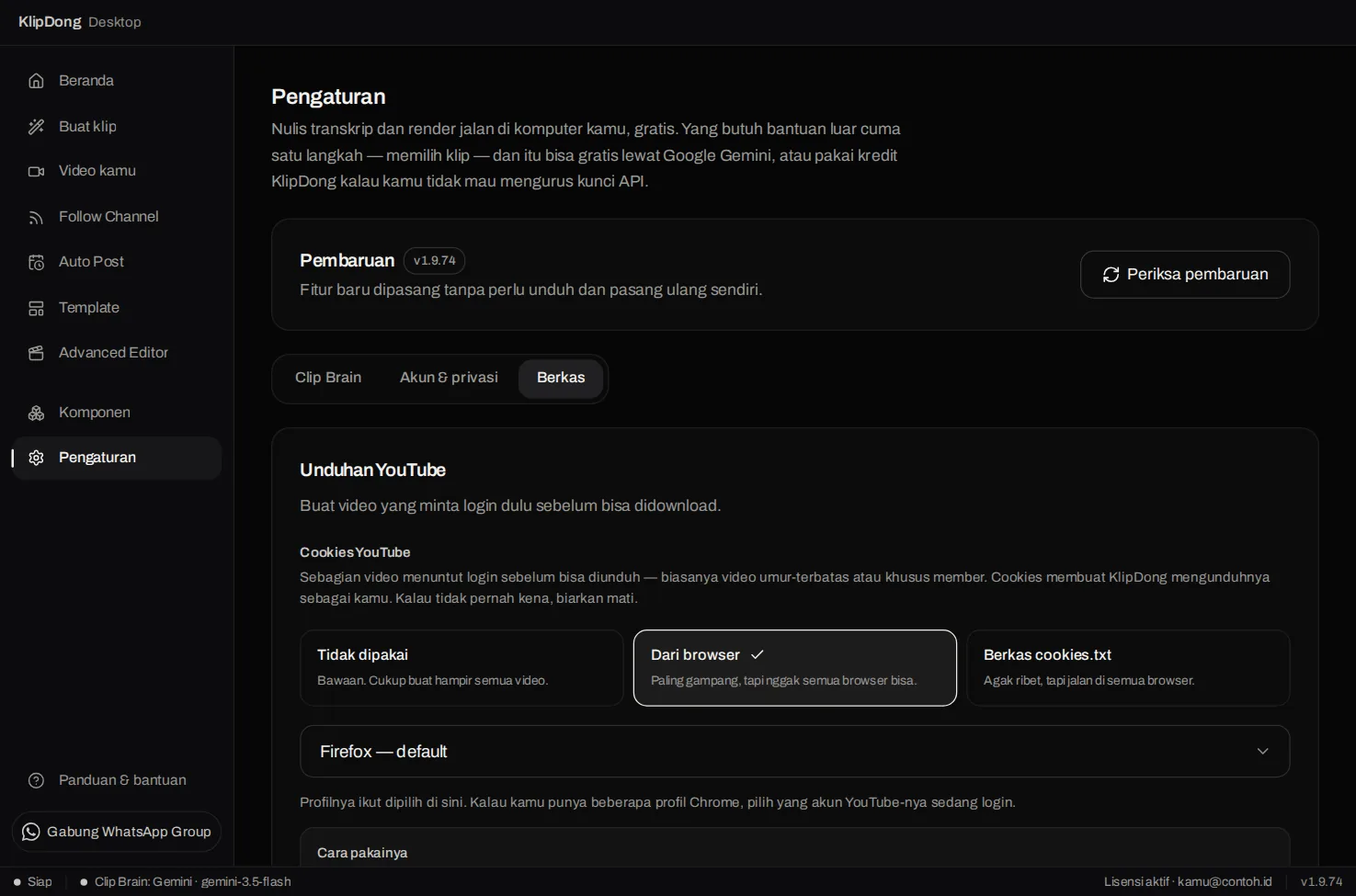 Pengaturan tab Berkas, Cookies YouTube dengan pilihan Tidak dipakai, Dari browser, Berkas cookies.txt, dan pilihan profil Firefox