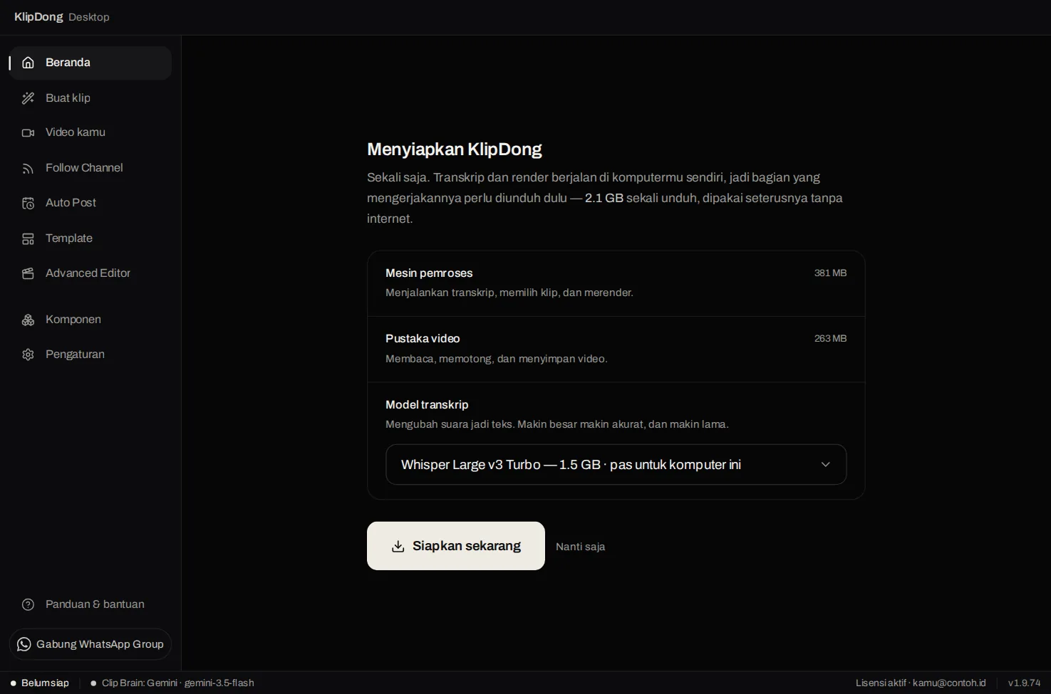 Layar Menyiapkan KlipDong berisi Mesin pemroses, Pustaka video, pilihan Model transkrip, dan tombol Siapkan sekarang