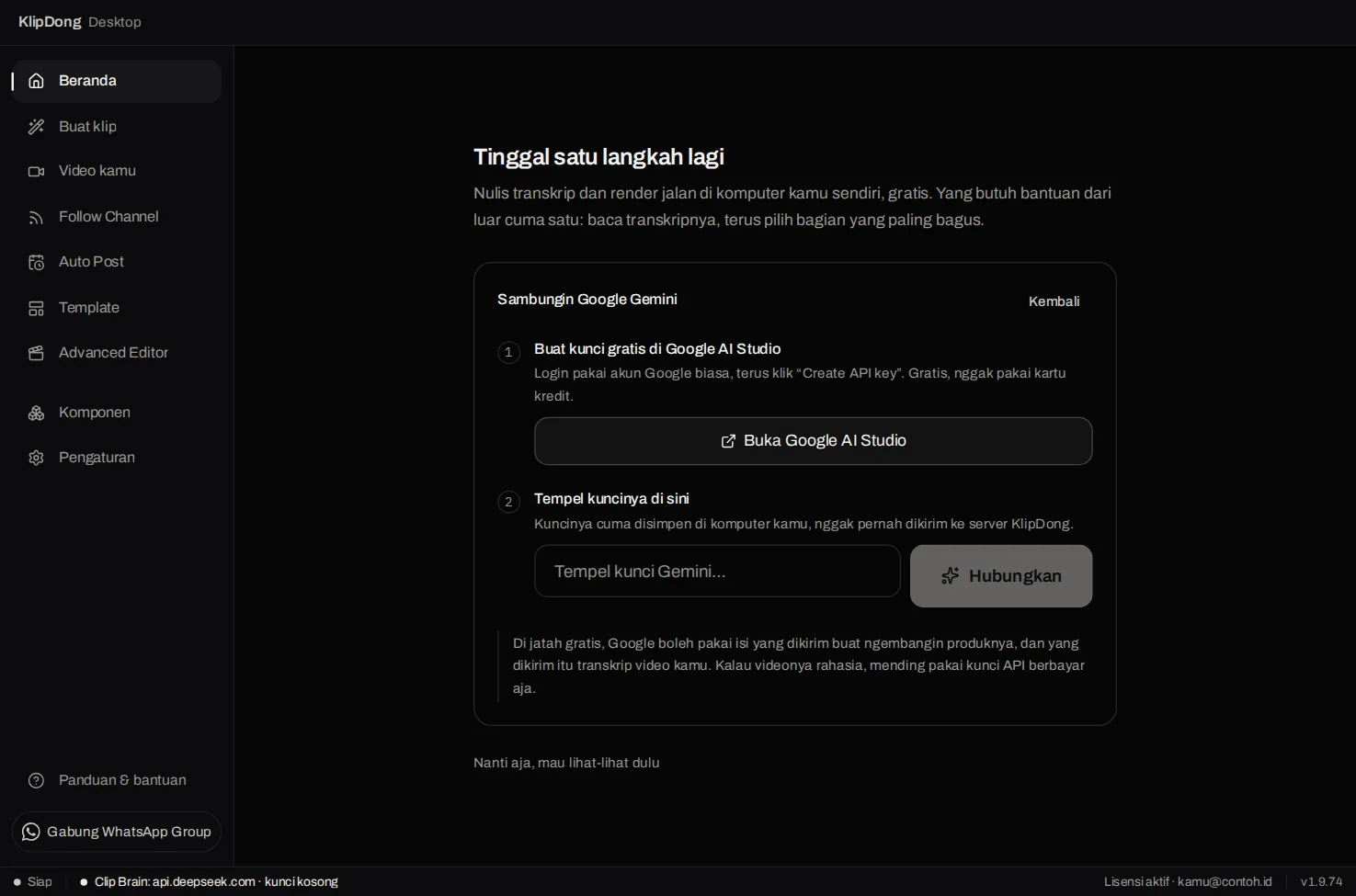 Panel Sambungin Google Gemini: tombol Buka Google AI Studio dan kolom Tempel kunci Gemini