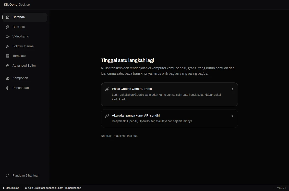 Layar Tinggal satu langkah lagi dengan pilihan Pakai Google Gemini gratis dan Aku udah punya kunci API sendiri