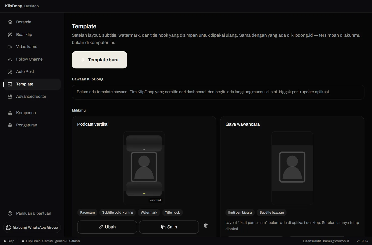 Layar Template dengan bagian Bawaan KlipDong kosong dan bagian Milikmu berisi dua kartu template Podcast vertikal dan Gaya wawancara