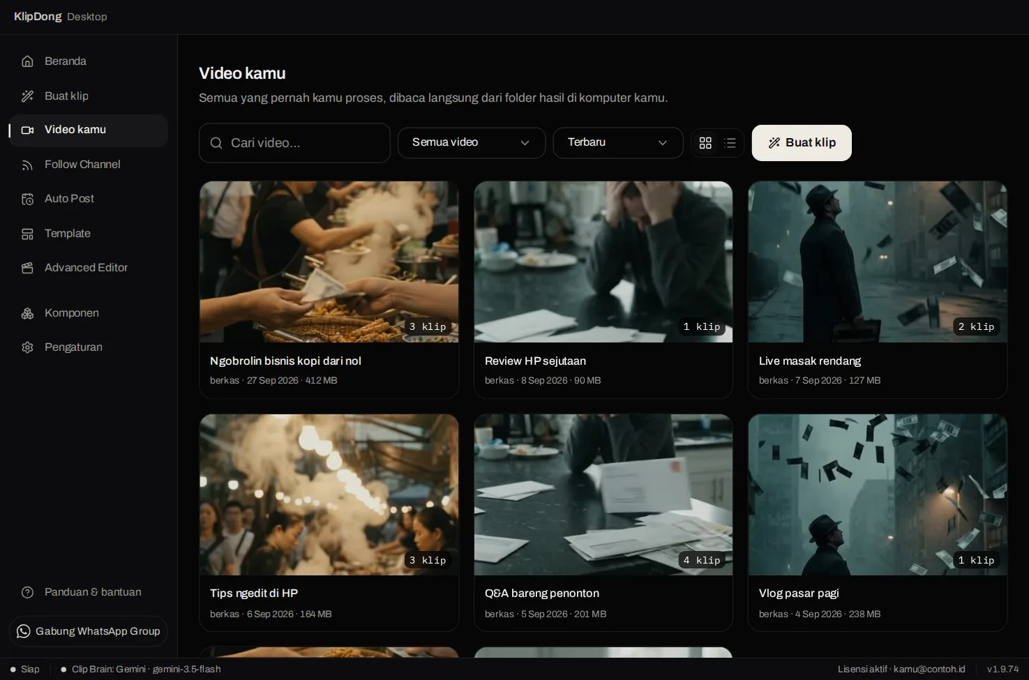 Layar Video kamu berisi kartu-kartu video dengan thumbnail, jumlah klip, tanggal, dan ukuran
