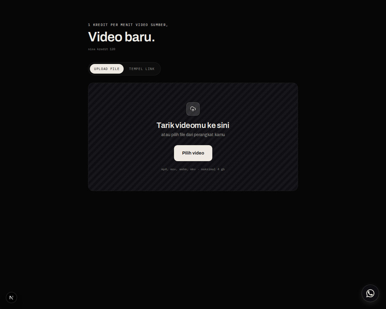 Halaman Video baru dengan dua tab UPLOAD FILE dan TEMPEL LINK, dan area tarik video di bawahnya