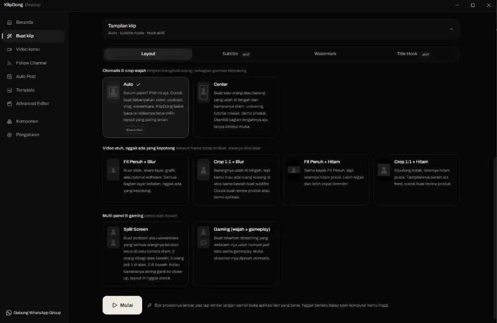 Pilihan layout klip